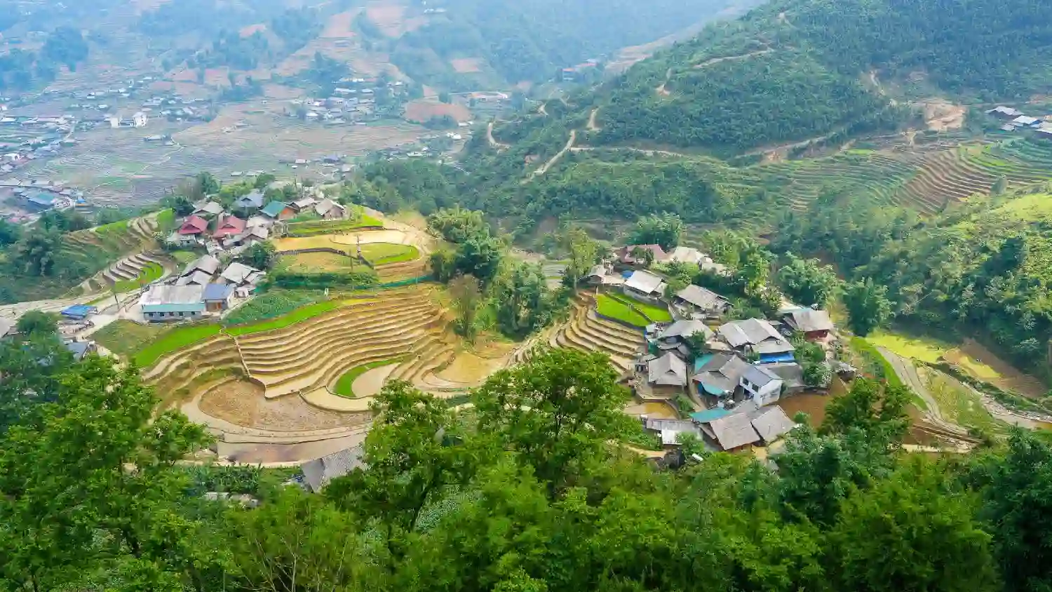 Aerial view of Sapa rice terraces and hillside village